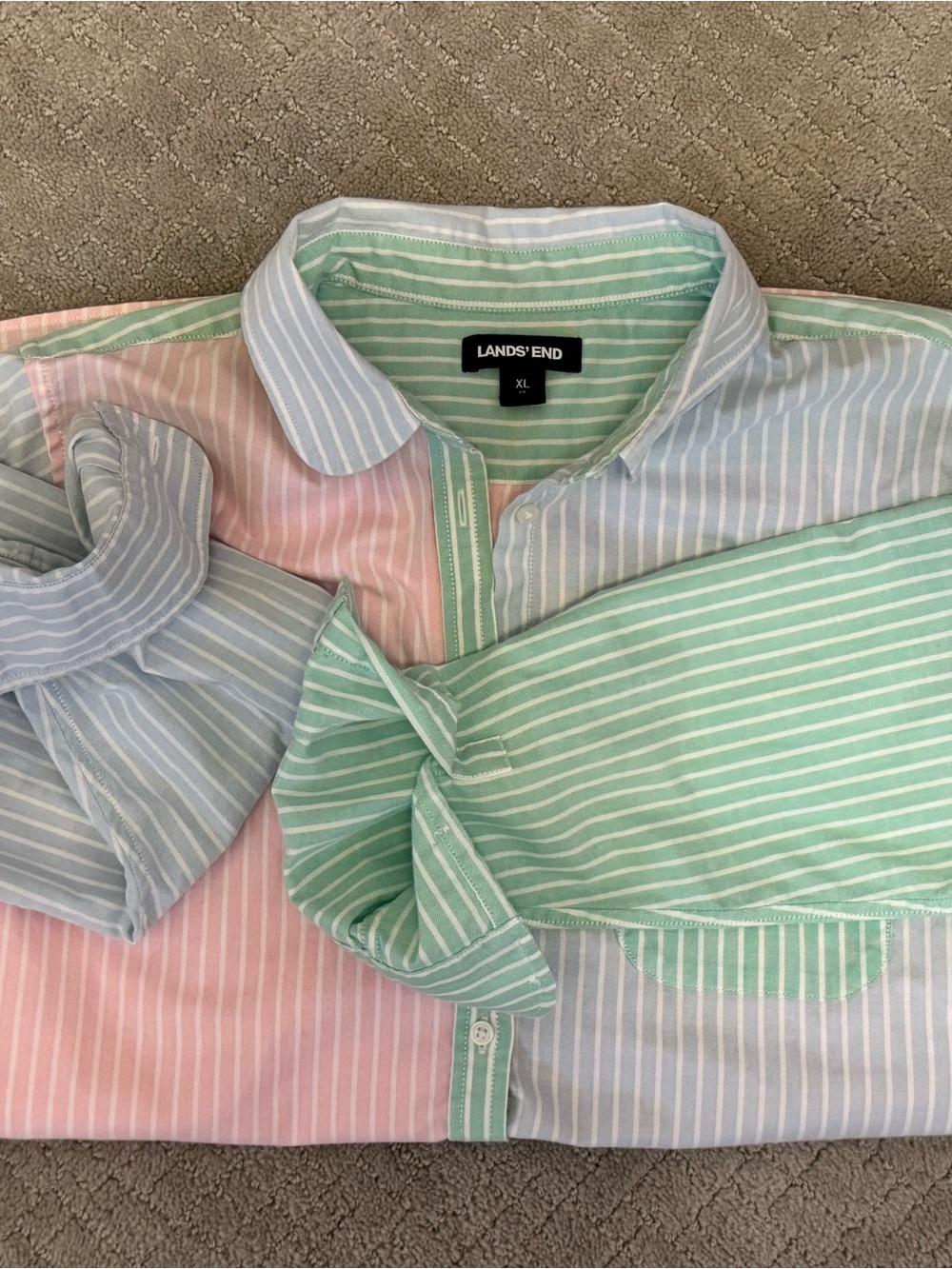Lands' End Women’s XL Pastel Multi-Stripe Button-Down Shirt - Green, Pink, Blue